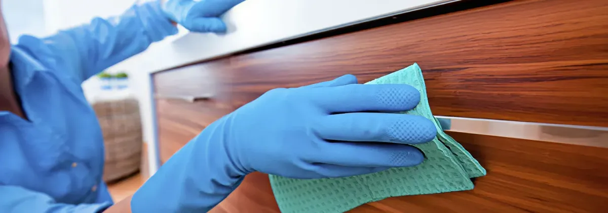 Cleaner wearing blue gloves wiping a wooden cabinet drawer with a microfiber cloth for dust and grime removal, Worcester, MA.
